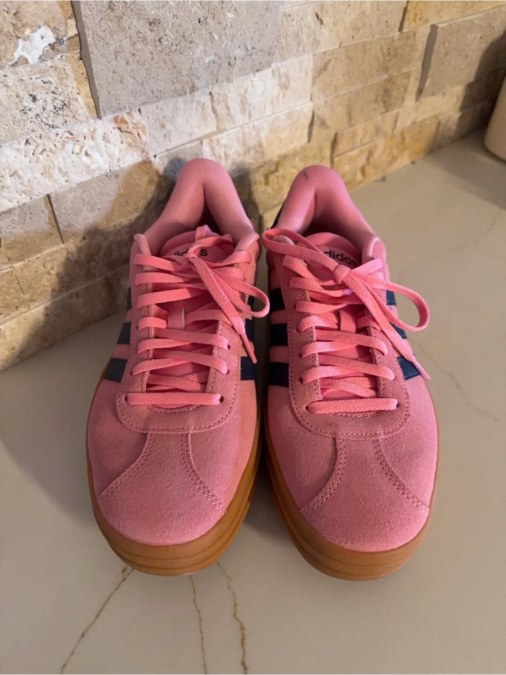 adidas Pink Suede Platform Sneakers with Navy Stripes and Gum Sole - Picture 2 of 4